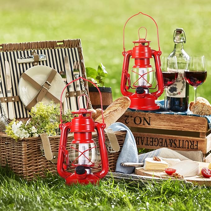 Hortsun 12 Pcs 8 Inch Vintage LED Hurricane Lantern Metal Red Outdoor Battery Operated Hanging Lantern with Warm LEDs and Dimmer Switch for Indoor Rustic Farmhouse Country Camping Decor