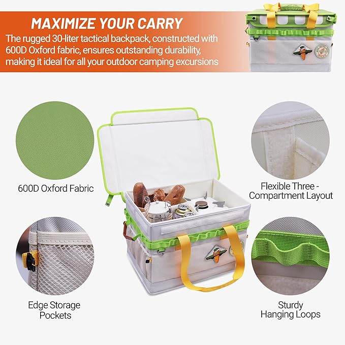 Himalaya Camping Organizer and Storage Tote, Carrot Orange Camping Organizer Containers with Adjustable Dividers, 30L Tactical Bag for Cooking Utensils Cookware Hiking Picnic RV