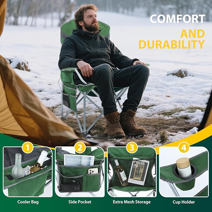 Nice C Heated Camping Chair with Battery, Heated Outdoor Sports Chair, Folding Chairs, with Cooler Bag, Cup Holder, Carry Bag, 10000 mAh Power Bank Included (Green&Grey, Set of 2)
