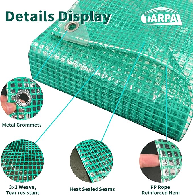 TARPAL 7'x10' Clear Green Tarp Heavy Duty Waterproof 12mil with Grommets or Zip Ties for Small Greenhouse for Outdoors Garden,Farm,Chicken Coops