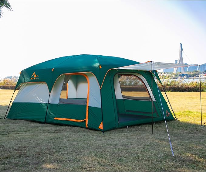 KTT Extra Large Tent 6-10-12-14 Person(A),Family Cabin Tents,2 Rooms,3 Doors and 3 Windows with Mesh,Straight Wall,Waterproof,Double Layer,Big Tent for Outdoor,Picnic,Camping,Family Gathering