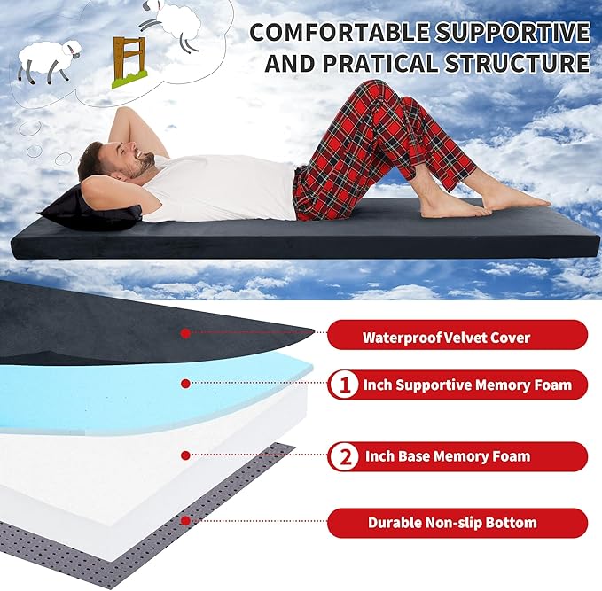 HOMBYS 3 INCH Memory Foam Camping Mattress with Portable Pillow for Outdoor Sleeping, Roll Up Mattress Topper Pad Mat for Travel Truck Bed Tent
