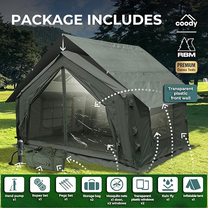 Coody | Rbm Outdoors Koala/Hub/Octopus Inflatable Tents for Camping with Stove Jack, 2/8/10 Person Luxury Canvas Blow Up Tent, 2 Room, Easy Setup Casa de Campaña, Large Inflatable House with Pump