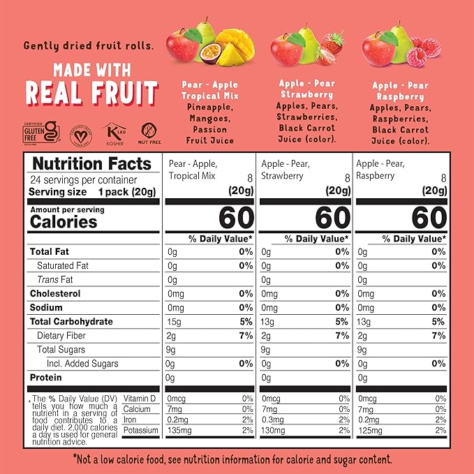 BEAR Real Fruit Snack Rolls - Gluten Free, Vegan, and Non-GMO - Variety Pack (Strawberry, Raspberry, Tropical)) – 48 Rolls, Healthy School And Lunch Snacks For Kids And Adults, 0.7 Ounce (Pack of 24)