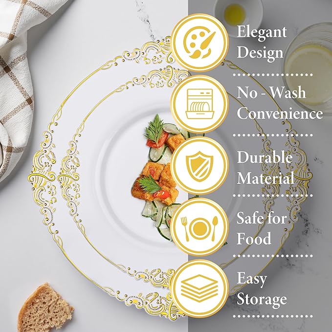 Nervure 100Pcs White and Gold Plastic Plates - 10.25Inch Gold Disposable Plates - Heavyweight Dinner Plate for Wedding & Party & Thanksgiving