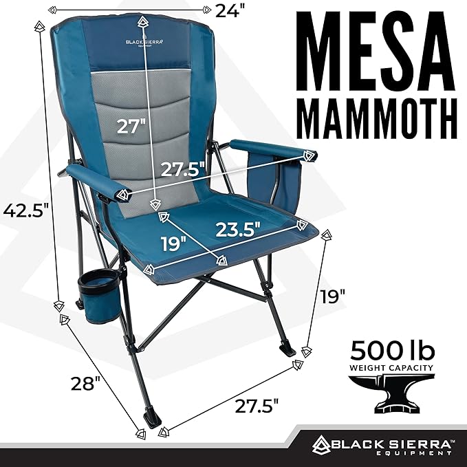 Black Sierra Oversize Camping Chair for Adults Supports 500 lbs, XL Heavy Duty Hard Arm Folding Chair, Steel Frame Durable Padded Outdoor Seat, Portable Fold Up Chair w/Cup Holder and Storage Bag