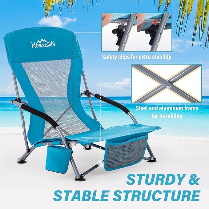 Homcosan Portable Low Folding Beach Chair - Lightweight Camping Chair for Adults with Cup Holder & Storage Pocket, Carry Bag Included (Blue)