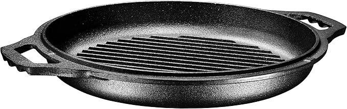 Bruntmor 2-in-1 Pre-Seasoned Cast Iron Dutch Oven with Dual Handles, Cocotte Double Braiser Pan with Grill Lid 3.3 Quarts - BBQ Grill, Fryer - Outdoor Cookware Set with Dual Handles, Camping,- Black