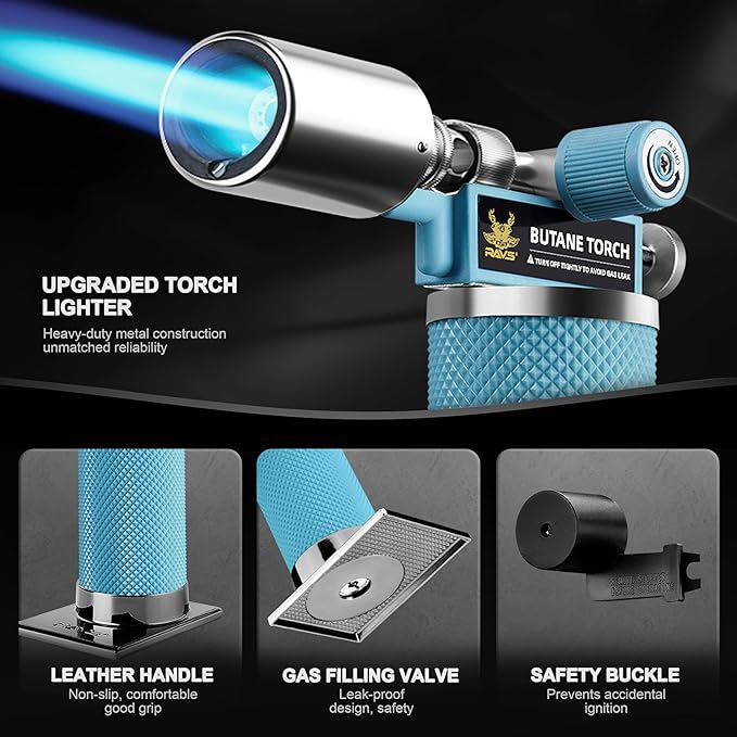 RAVS Butane Torch Lighter, Refillable Kitchen Torch with Safety Lock and Adjustable Flame, Creme Brulee Torch for Baking, BBQ, Blue Blow Torch for Cooking, Mens Gifts, Butane Gas Not Included