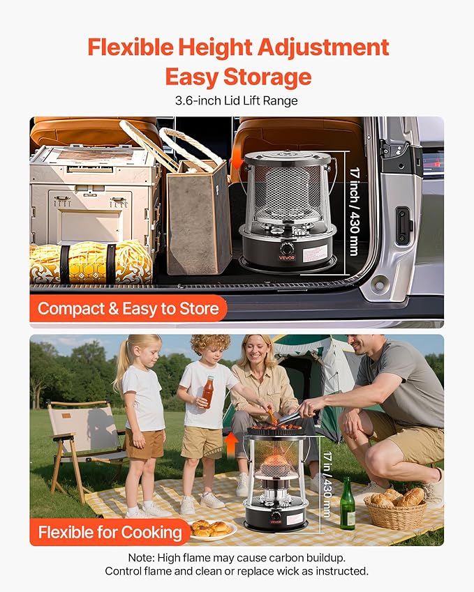 VEVOR 9000 BTU Portable Kerosene Heater & Stove, 2 in 1 Non-Electric Indoor Outdoor Heater with Adjustable Height & Flame & Easy Storage,for Camping, Hunting, Cooking, Home, Garage, Black