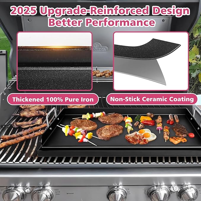 Universal 25" x 16" Nonstick Coating Grill Griddle for Gas Grill, Cast Iron Griddle for Charcoal, Gas Grills, Camping, Flat Top Plate Insert with Grease Groove and Removable Handles
