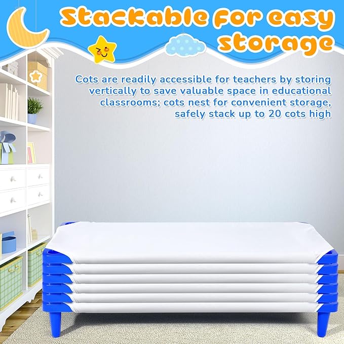 12 Pcs Stackable Daycare Cots for Kids with Sheets 54 l x 23 W T Kids Cots Furniture Bed Frames Headboards Footboards for Sleeping and Daycare (Blue)