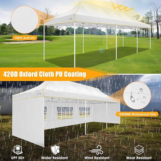 HOTEEL Tents for Parties 10x30 Heavy Duty Pop Up Canopy Tent with 5 Sidewalls&Wheeled Bag, Commercial Event Party Tent Wedding Instant Canopy Waterproof, UV 50+, Upgraded Thicked Hexagonal Legs, White