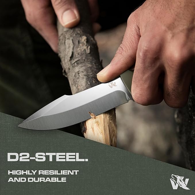 WOLF-II Full Tang Survival Knife with Sheath and Multi Lok - Strong Tactical Fixed Blade - Made of D2 Steel - Bushcraft and Camping Knife - EDC Outdoor Knife with TPE Handle