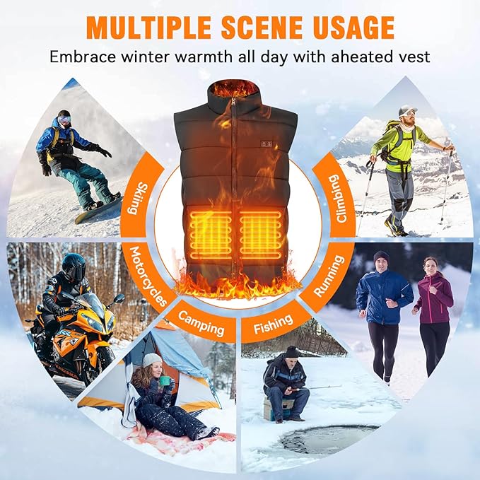 Heated Vest for Men, 3-Temp Dual Control, 9 Heat-Zone, Wind/Waterproof, 16000mAh Power Bank, for Skiing Hiking