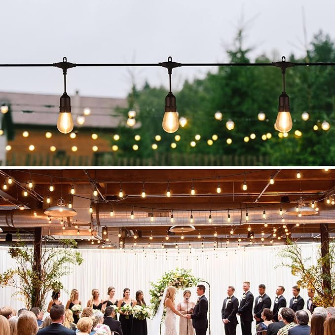 48FT Outdoor String Lights with Remote, Dimmable Patio Lights with 15+2 LED Waterproof Shatterproof Bulbs 3 Modes 4 Timers for Backyard, Black