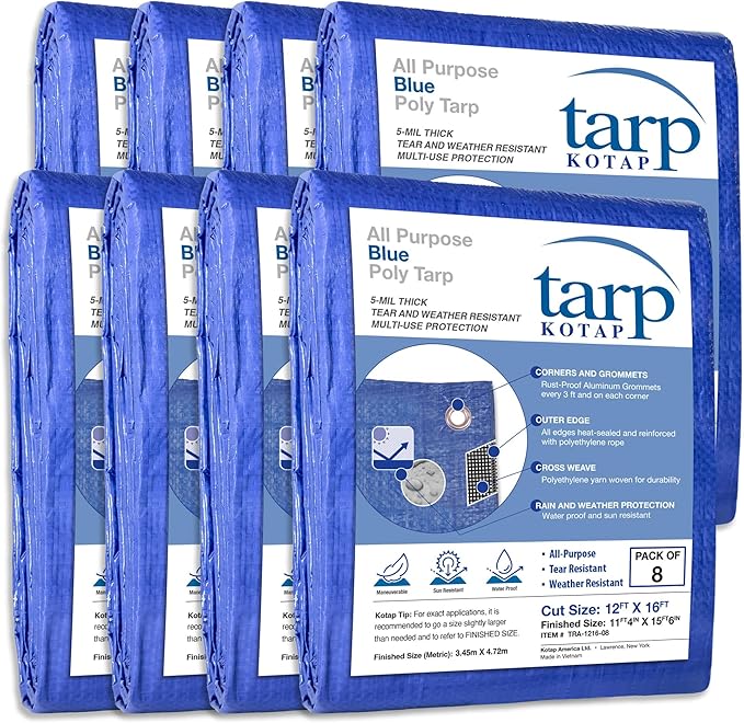 Kotap 12 x 16 Ft. All-Purpose Multi-Use Protection/Coverage 5-mil Poly Tarp, Waterproof, Blue, 8-Pack (TRA-1216)
