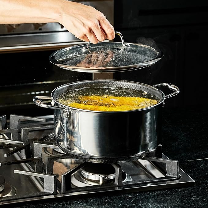 HexClad Hybrid Nonstick 8-Quart Stockpot with Tempered Glass Lid, Stay-Cool Handles, Dishwasher-Friendly, Oven-Safe Up to 900°F, Induction Ready, Compatible with All Cooktops