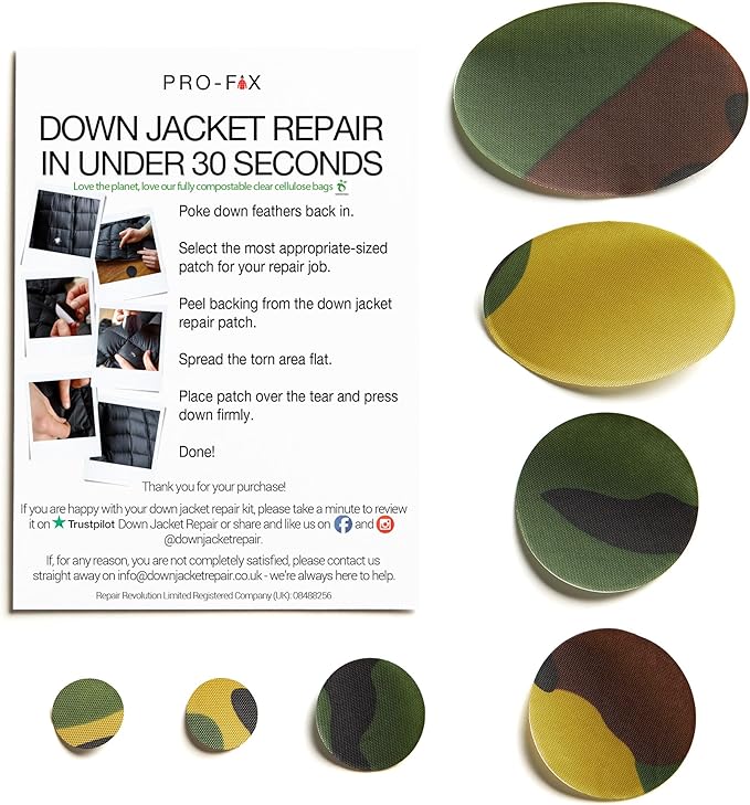 Self-Adhesive Waterproof Repair Patch Kit - 30-Second Fix for Down Jackets, Tents, Sleeping Bags, Backpacks, Outdoor and Camping Gear - Pre-Cut Nylon Ripstop Patches, Multiple Colors - Camo