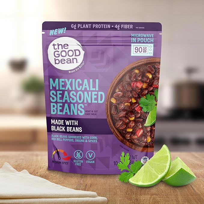 The Good Bean Heat and Eat Microwaveable Pouch - Mexicali Seasoned Beans - (4 Pack) 10 oz Pouch - Simmered Black Beans with Corn