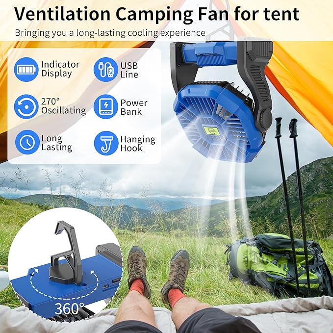 Portable Fan Rechargeable๏ผ270ยฐ Rotating Portable Cordless Battery Powered Camping Fan Rechargeable, USB Desk Personal Outdoor Camping Fans for Tents,Travel X23 Blue