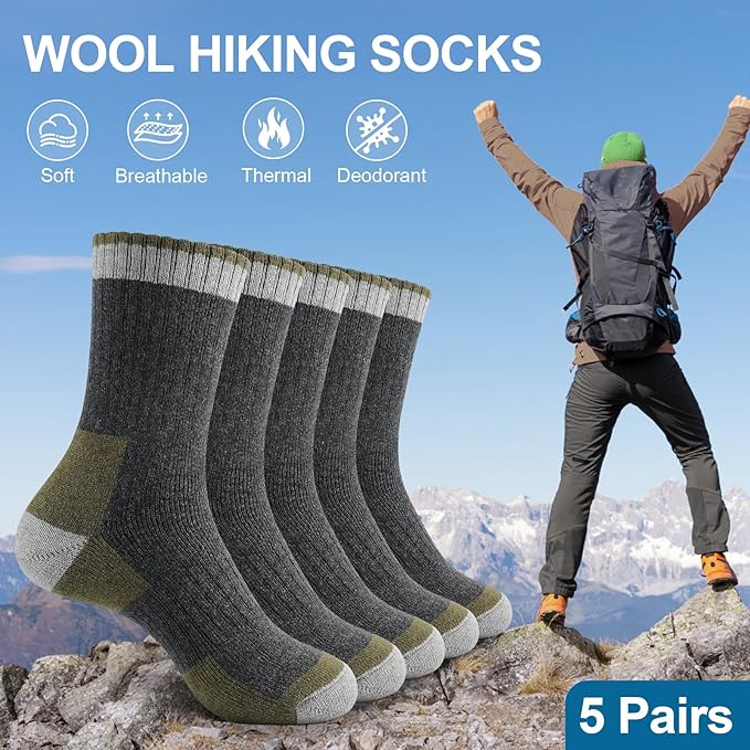 UUMIAER Merino Wool Socks for Men Hiking Thermal Warm Winter Crew Socks Thick Cushion Moisture Wicking Socks 5 Pairs