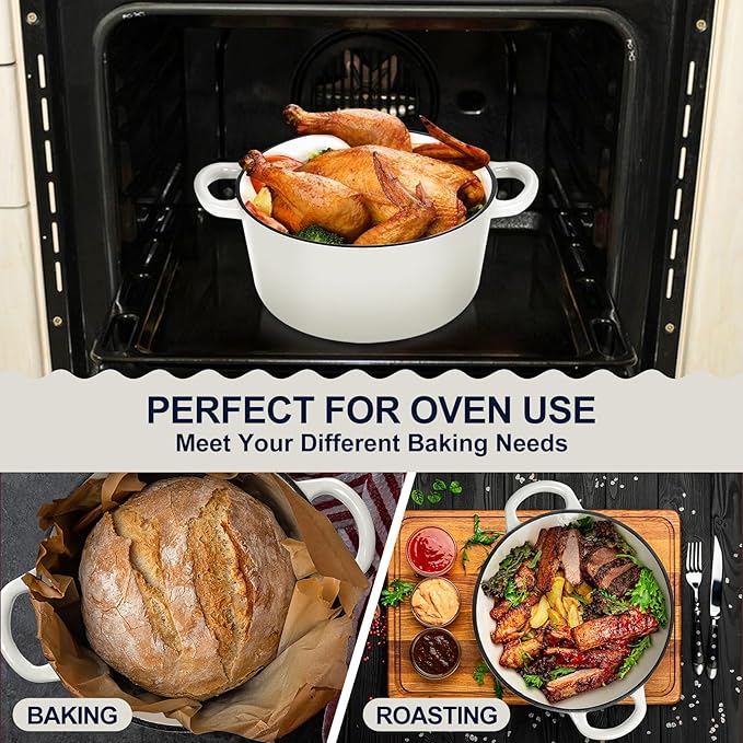 P&P CHEF 6QT Enameled Dutch Oven, Cast Iron Dutch Oven Pot with Lid for Bread Baking, Enameled Casserole Pot for Roasting Braising Stewing Frying Simmering, Various Stoves & Easy Clean, White
