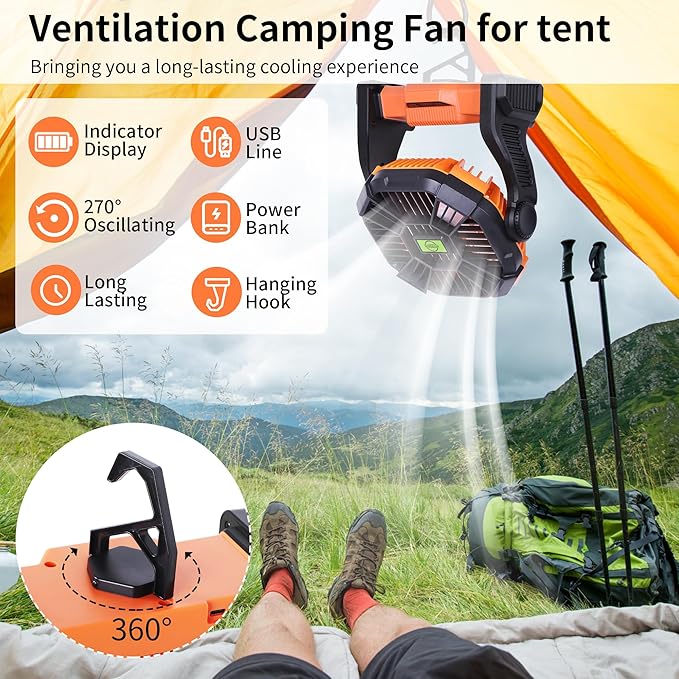 Portable Fan Battery Powered Fan Rechargeable,270°Pivot Battery Operated Camping Fans with LED Light & Hook,USB Personal Rechargeable Outdoor Camping for Tent, Travel