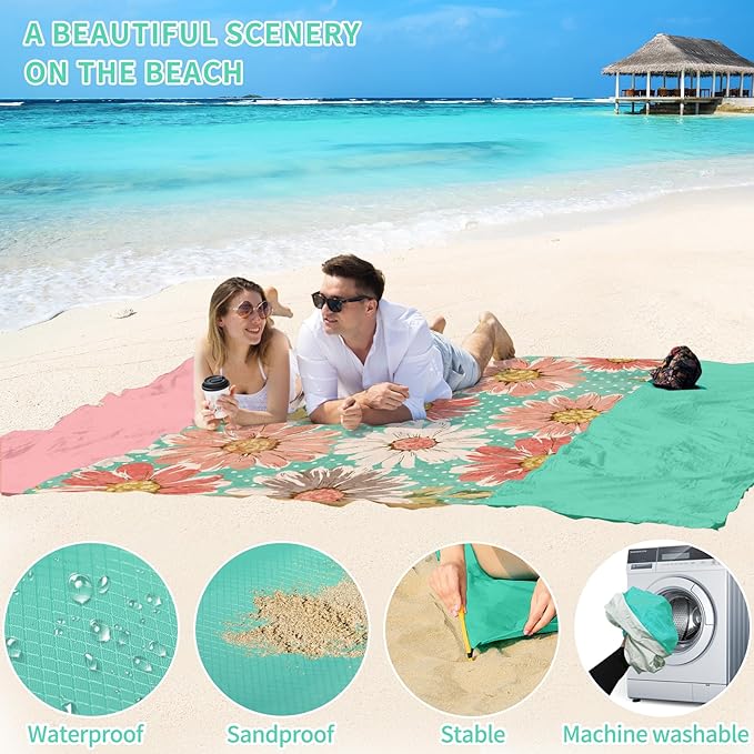 BYDOLL Beach Blanket Waterproof Sandproof 78''ร110'' Suits1-7 Adults Compact Lightweight Oversized Sand-Free Blanket Large Picnic Mat for Beach Travel Camping Hiking