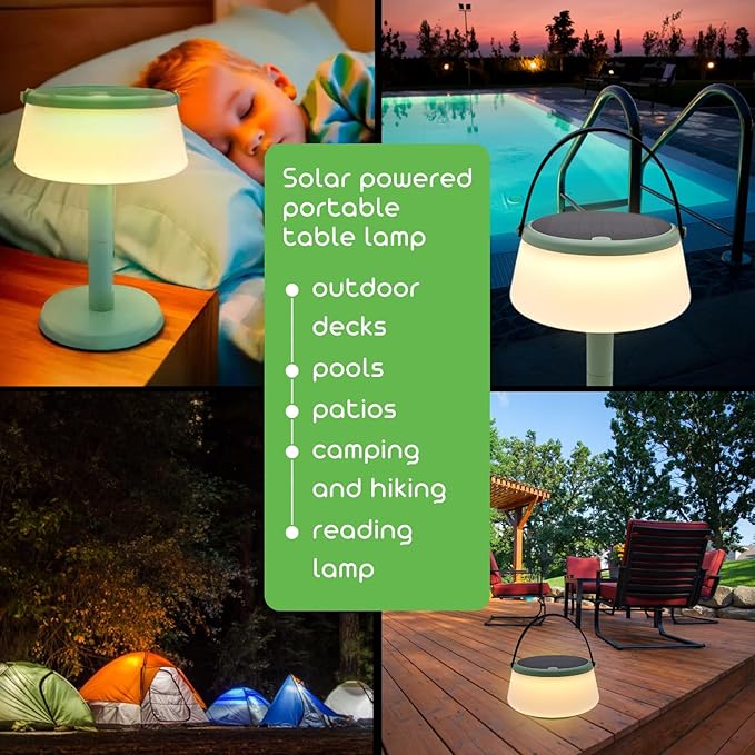 2-in-1 Portable Solar Power LED Table Lamp & Lantern - Indoor/Outdoor - Stepless Dimming - Rechargeable Battery - 330 lumens, 2700K - IP44 Weather Resistant - Green