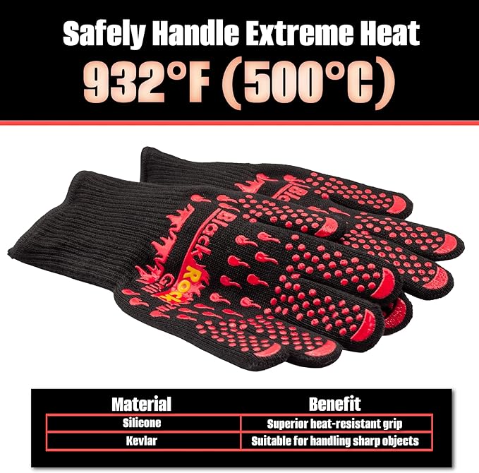 Black Rock Grill Fire & Heat Resistant Cooking Gloves 923F -30cm Silicone Safety Oven Mitts with Fingers- Gloves for Grilling, BBQ, Fireplace, Lava Stones, EN407,EN388, EN ISO 21420 Certified (Large)