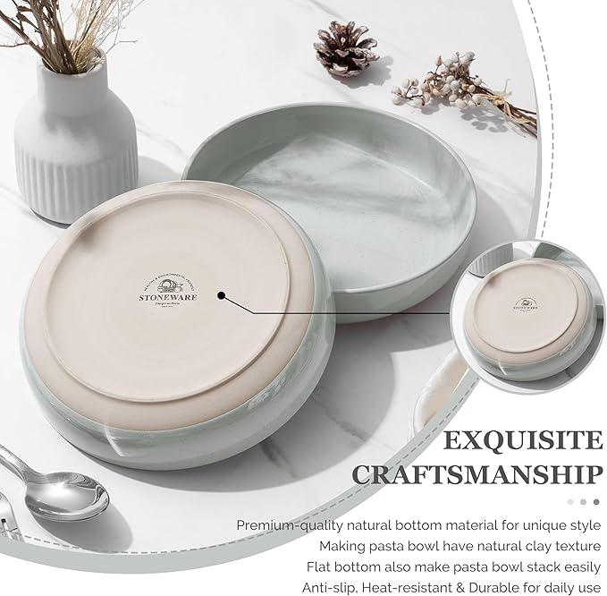 HaWare Pasta Bowls Set of 6, 33oz Large Salad Bowls for Home Kitchen, Ceramic Serving Plates for Soup, Cereal, Scratch-resistant Wide and Shallow Dinner Bowl, Microwave & Dishwasher Safe, Misty Grey