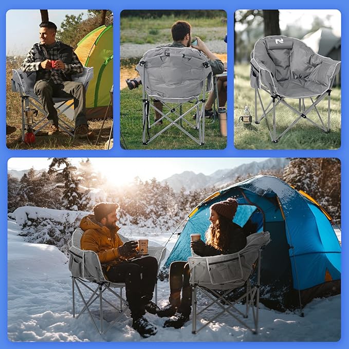 2 Pack Oversized Heated Camping Chair, 3 Heating Levels Soft Padded Camp Chairs with Pillow and Storage Bag, Portable Folding Outdoor Heated Moon Chair for Lawn Patio Beach and Picnics, Grey