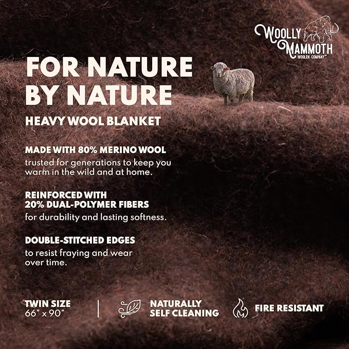 Woolly Mammoth Woolen Company Merino Wool Blanket - 66" x 90" Brown Modern Twill, 4 lb - Breathable Heavyweight Outdoor Throw Blanket for Camping, Hiking & Bedroll