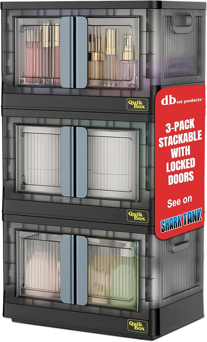Quik Box - 8.5 Gallon 3-Pack Stackable Storage Bins with Doors & Wheels - Collapsible Organizer for Dorms, Bedroom & Home - Durable Polystyrene - Black