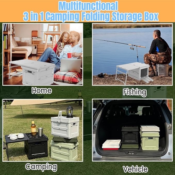 Multifunctional 3 in 1 Camping Folding Storage Box with Table, Handle Collapsible Bins Box and Warning Signs,Storage Bins With Lids 16.5L Camping Storage for Garage, Beach, Backyards, Picnic