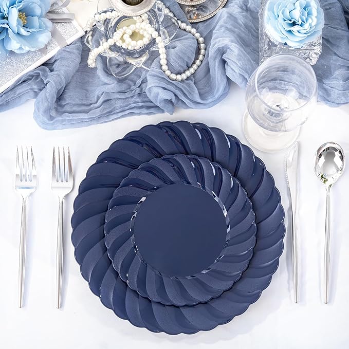 U-QE 60 Pcs Blue Plastic Plates for Party – Scalloped Blue Plates Disposable Heavy Duty – Include 30 10.25" Dinner & 30 7.25" Dessert Plate - Perfect for Birthday Parties, Baby Showers, and Weddings