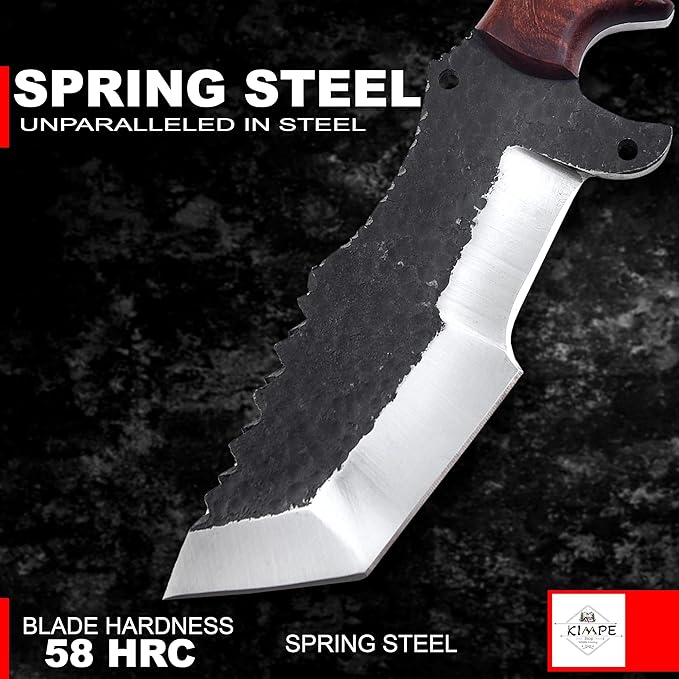 KIMPE 10.5’’ Hand-Forged Spring Steel Hunting Knife with Leather Sheath-Fixed Blade EDC Knife-Bushcraft Knives-Rose Wood Handle-Best Camping & Survival Knives-Knives for Men. (Spring Steel & Rose Wood)