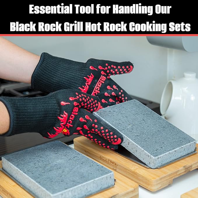 Black Rock Grill Fire & Heat Resistant Cooking Gloves 923F -30cm Silicone Safety Oven Mitts with Fingers- Gloves for Grilling, BBQ, Fireplace, Lava Stones, EN407,EN388, EN ISO 21420 Certified (Large)