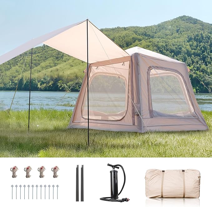 Inflatable Tents for Camping, Blow Up Tent with Hand Pump, Easy Setup InflatableTent 4 Season Tent, Waterproof Oxford Air Glamping Tents for Camping Adult 4/6/8 Person
