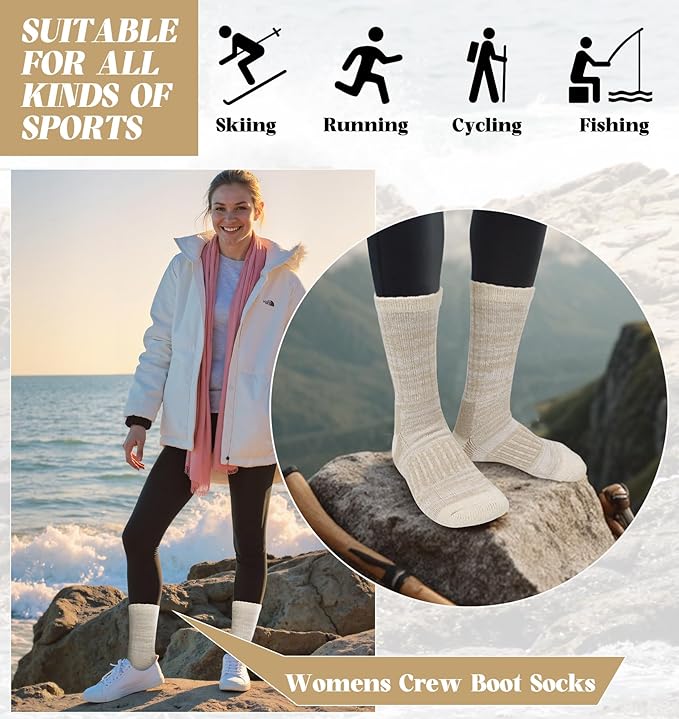 Justay 4 Pairs Merino Wool Socks for Women, Hiking Thermal Warm Winter Cozy Thick Boot Socks for Women Gifts