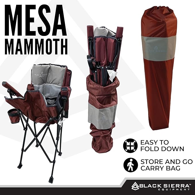 Black Sierra Oversized Camping Chair for Adults – Heavy Duty Folding Lawn & Beach Chair Supports 500 lbs, Hard Arms, Durable Steel Frame, Cup Holder, Portable Outdoor Seat for Tailgating or Patio