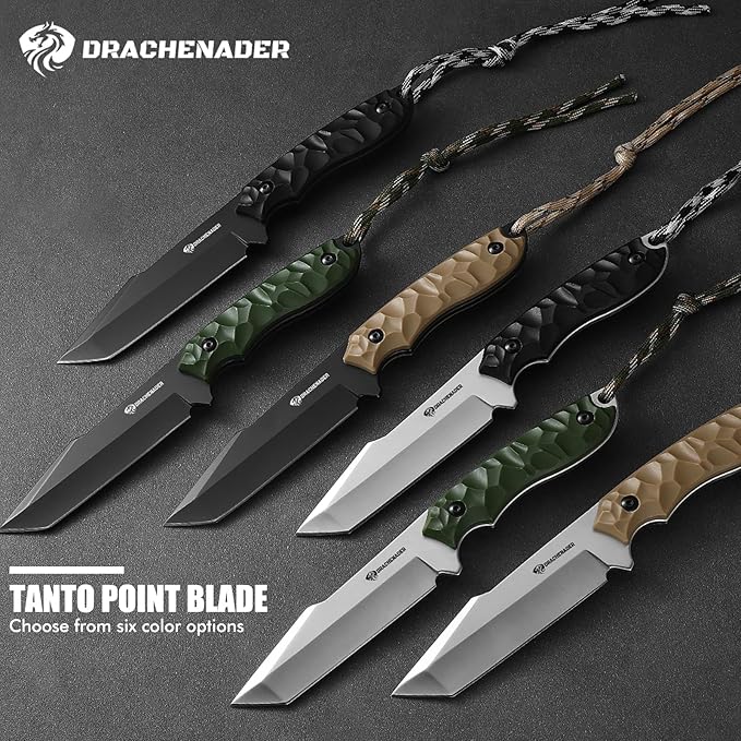 Tanto Fixed Blade Knife with Sheath, Tactical Knife for Men Survival Full Tang Design (E-Full Black)