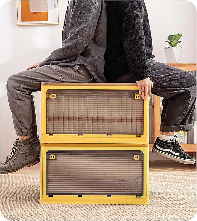 Folding Storage Bins, 28 Liters, 2 Pcs Yellow Plastic Storage Containers with Wheels, Four Doors, Foldable, Stackable, Plastic Box with Lids for Organization, Storage Cart