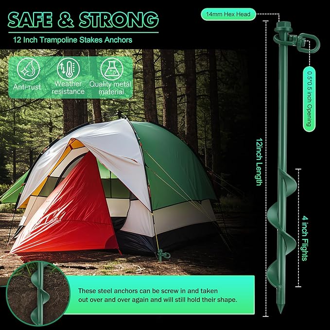 Zhengmy 12 Pcs Ground Anchors Screw in, 12 Inch Heavy Duty Tent Stakes with Trampoline Anchor Hook Ground Stakes for Camping Tent Canopies Ports Sheds Swing Sets Securing Animals (Green)