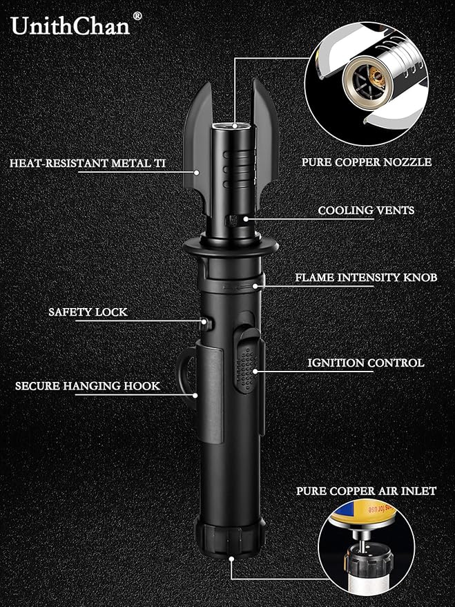 Torch Lighter, Refillable Butane Jet Flame Lighter with Adjustable Flame & Safety Lock, Windproof Gas Torch for Camping, BBQ, Fireplace, Candles, Cooking, Fireworks (Butane Not Included)