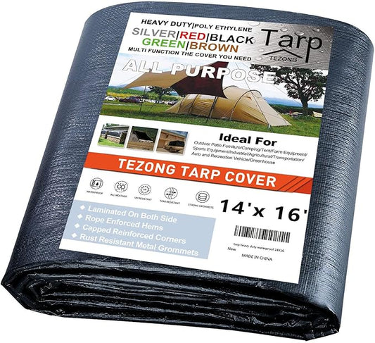TEZONG Heavy Duty Waterproof 14x16ft Black Tarp, 12MIL Polyethylene, UV Resistant, Ideal for Camping, Hunting, Emergency Preparedness