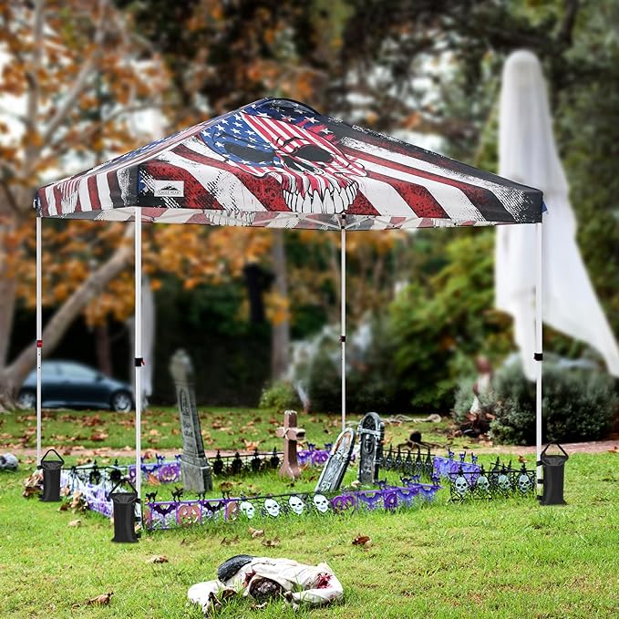 EAGLE PEAK Pop Up Canopy Tent with Wheeled Carry Bag, 8 Stakes, 4 Ropes, 4 Weight Bags, Easy Set Up Tent Canopy, 10x10 ft, 100sqft of Shade, Americana Skull