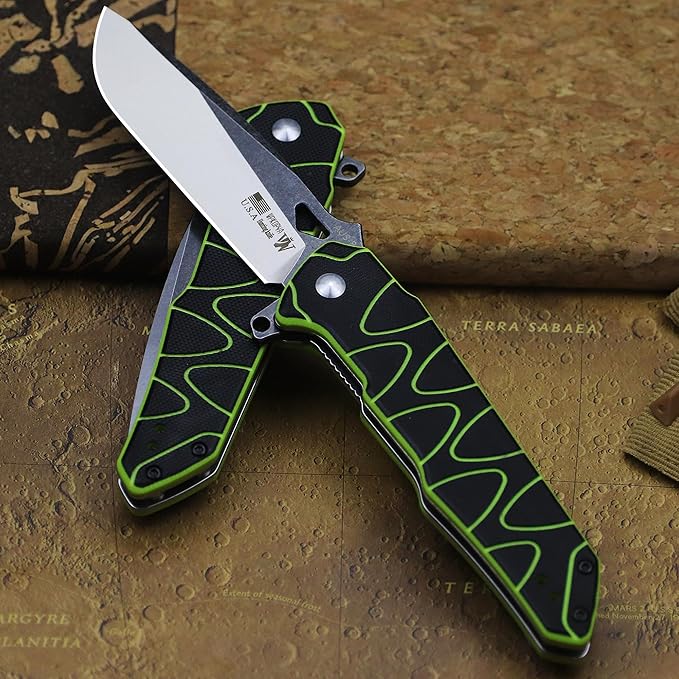 8.4in Folding Knife AUS-8 Steel Blade, G10 Handle with Anti-Slip Texture, Ball Bearing Pivot, Stonewashed Finish, EDC Pocket Knife for Camping, Hiking, Survival (AUS-8 (G10 black/green))