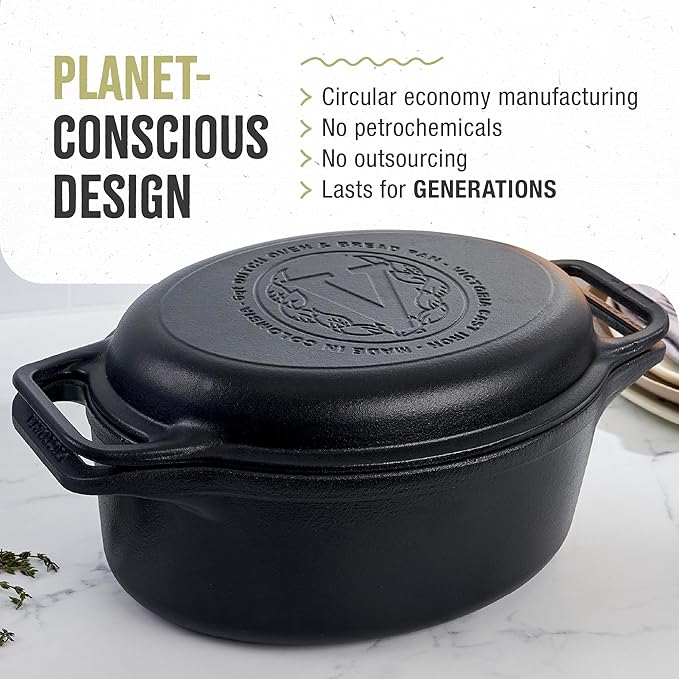Victoria 6-Quart Cast Iron Oval Dutch Oven, Combination Combo Cooker Pot and Skillet, Bread Baker, Made in Colombia, 2-Piece Set